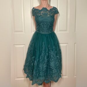 Chi Chi London Teal Off the Shoulder Lace Dress